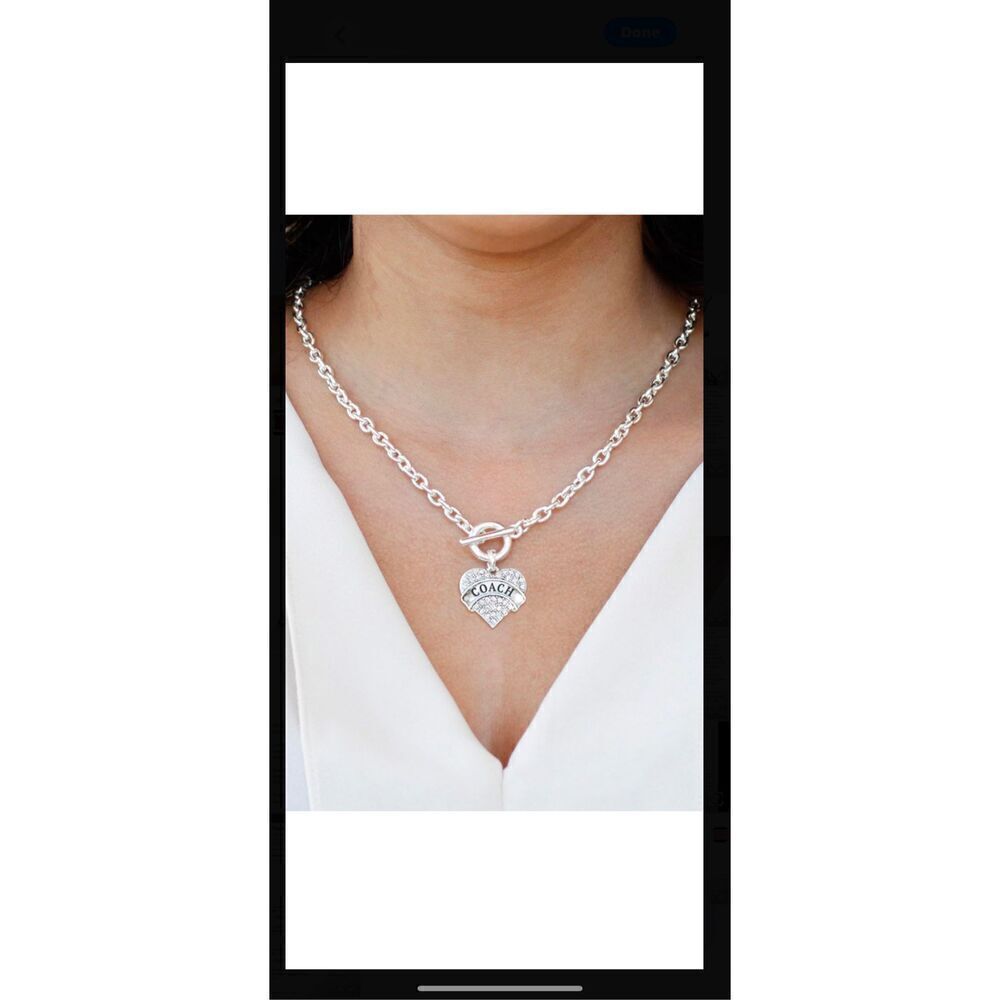Coach inspired logo silver plated bronze cubic zirconia pendant necklace aprox 1 - Picture 2 of 10